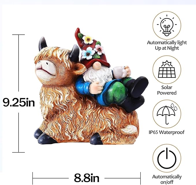Garden Gnomes Decor Outdoor Statues Gnome on Highland Cow Hold Solar Cup Light Outdoor Decorations for PatioYard and Gift for Mom