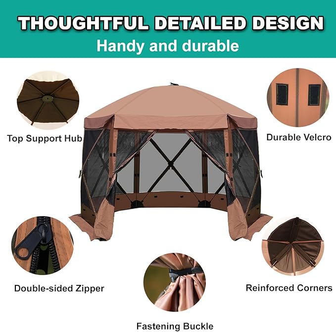 10 x 10 FT Pop Up Screen Tent Portable Outdoor Camping Gazebo with Ground Stakes and Carry Bag Brown
