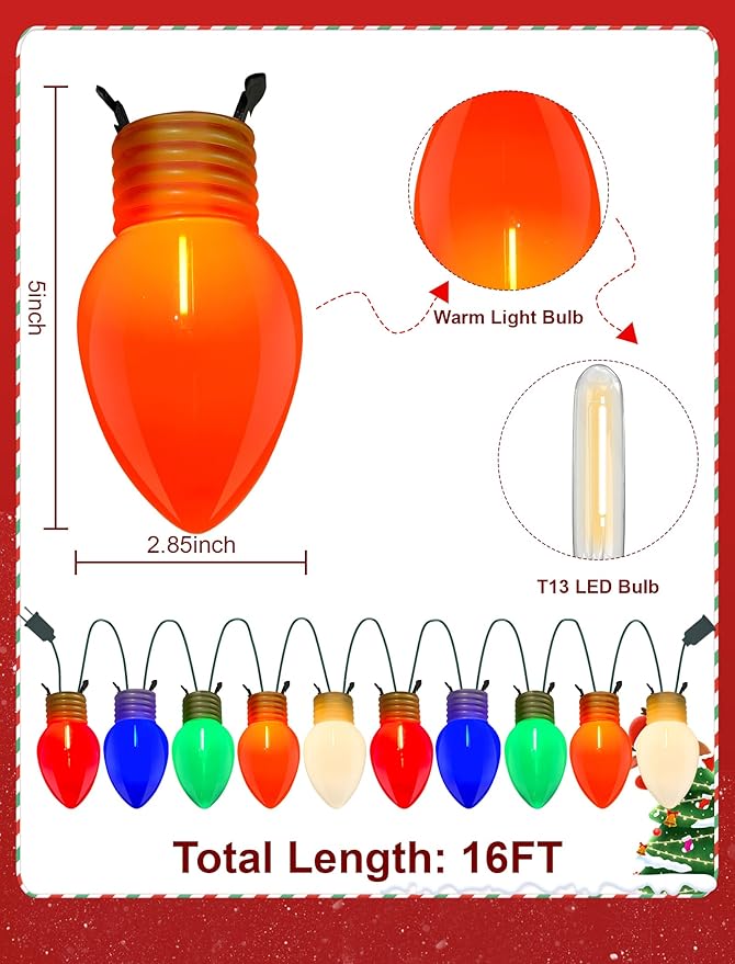 Jumbo Christmas Lights 16FT Multicolor Giant Christmas Lights with 10 5'' LED Giant Multicolor Bulb C7 Hanging Xmas Light for Patio Garden Party Outdoor Xmas Decorations