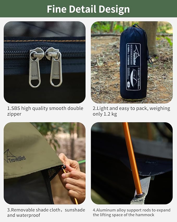 Camping Hammock Tent with Mosquito Net and Removable Sunshade 4 in 1 Function Lightweight Hanging Hammocks Tree Straps Swing Bivvy Ground Tent for Outside Hiking and Travel