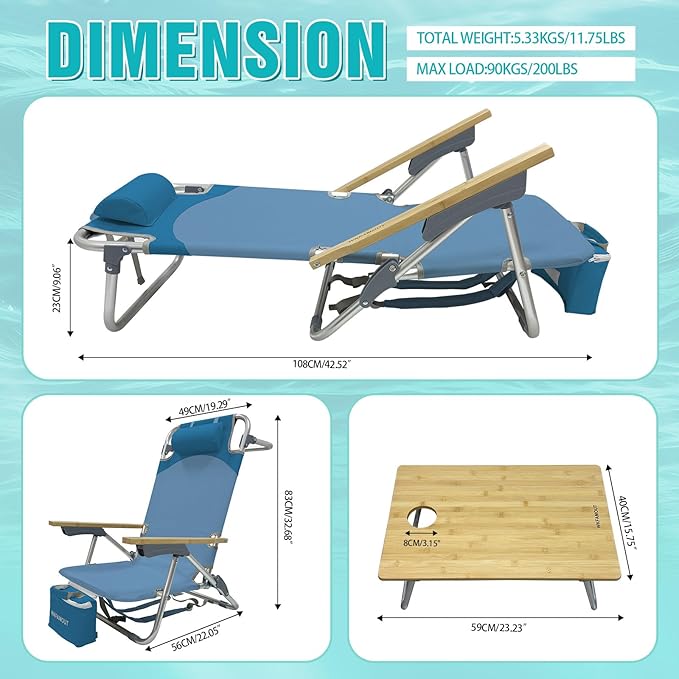 Folding Backpack Beach Chair for Adults &amp Teens Aluminum 5-Position Lay Flat Lounge Chair with Camping Bamboo Table 200LBS Beach Reclining Chair Outdoor with Cooler Bag Blue