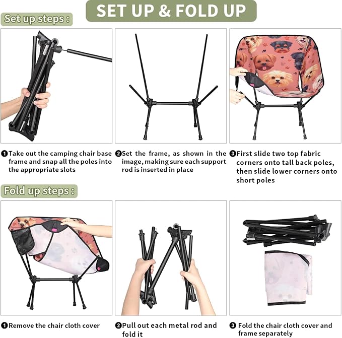 Honeybaby Folding Camping Chair Dogs Paw Prints Camping Chairs Lightweight Portable Chair Outdoor Foldable Chairs for Camping Travel Picnic Beach Hiking