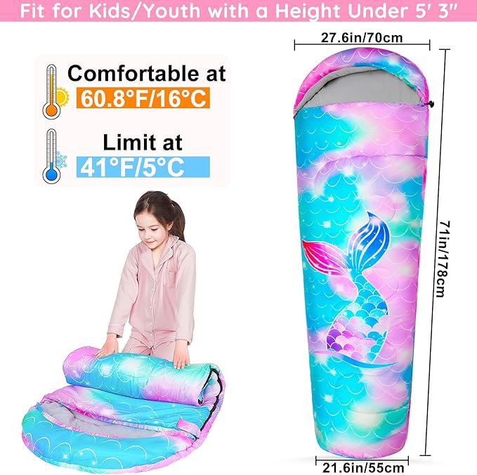 FIOBEE Kids Sleeping Bag for Girls Boys 3 Season Warm &amp Cool Weather Youth Camping Sleeping Bags with Backpacking Bag Waterproof for Traveling Hiking Indoor Outdoor Camping Essentials