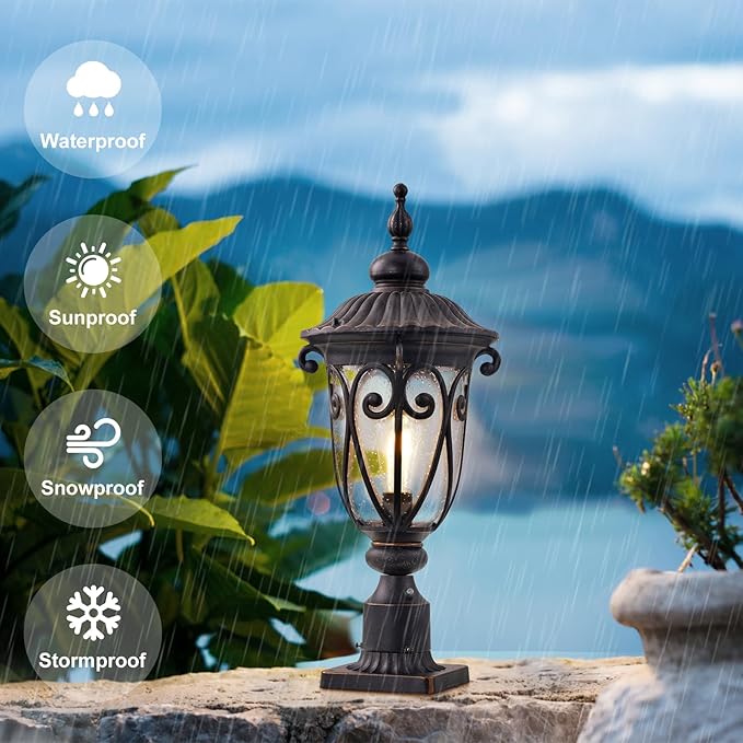 24 Inch High Outdoor Post Light Fixture with Dusk to Dawn Sensor Bronze Post Lantern with Pier Mount Exterior Pole Lighting with Seeded Glass for Yard Garden Patio and Pathway LMMS0519-M