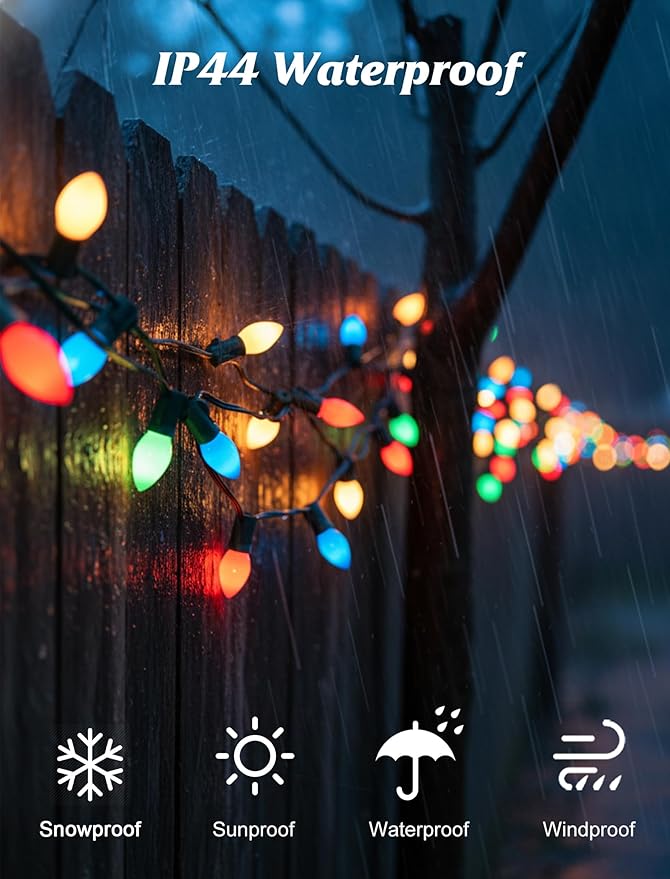 C7 LED Colored Christmas Lights Outdoor 25FT Vintage Colored Christmas Lights with 25 LED Ceramic Glass Multicolor Bulbs for Xmas Roofline Indoor Outdoor Garden Patio Yard Decoration Green Wire