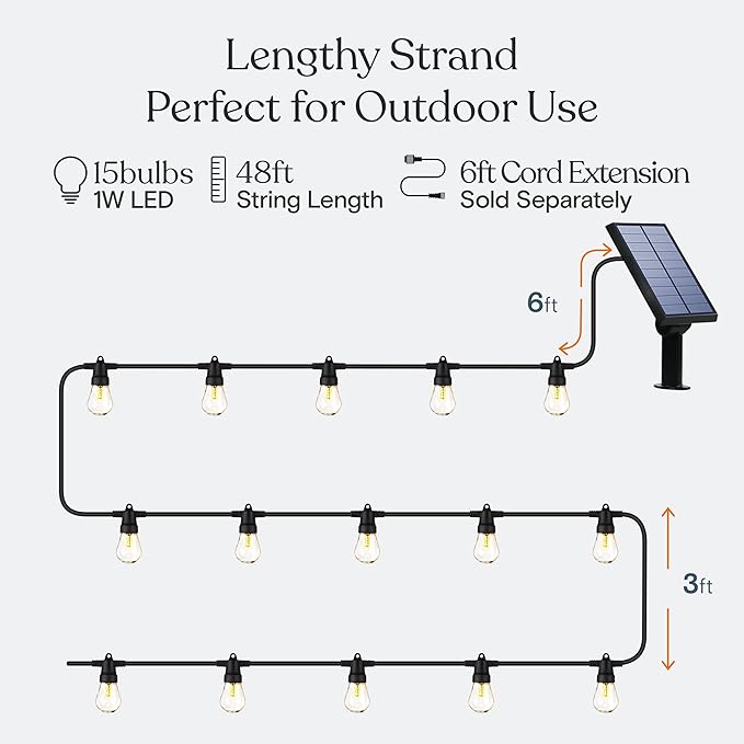 Brightech Ambience Pro Solar Powered Outdoor String Lights 48 ft Commercial Grade Waterproof Patio Lights 15 Edison Bulbs Shatterproof LED String Lights for Outside Porch - 1W Soft White
