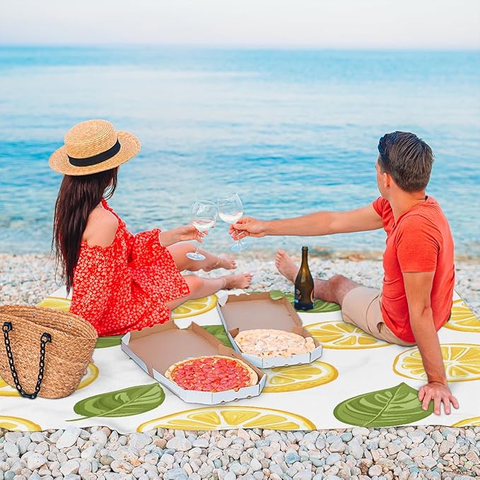 Waterproof Sandproof Beach Blanket 59''×68'' Candy Lemon Polyester Outdoor Picnic Blanket with 4 Stakes &amp Storage Bag for BeachCampingVacation White