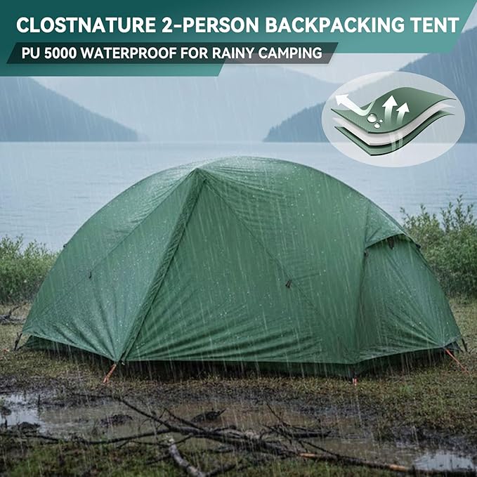 Clostnature 1/2 Person Backpacking Tent - Lightweight Two Person Tent for Backpacking Easy Set Up Waterproof Camping Tent for Adults Kids Scouts Large Size Outdoor Hiking Mountaineering Gear