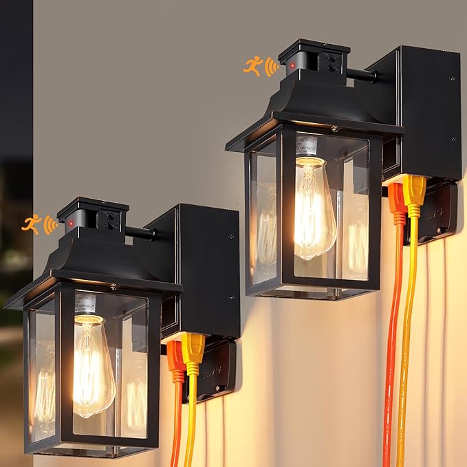Porch Lights with GFCI OutletDusk to Dawn Motion Sensor Outdoor Lights3 Light Modes Black Front Door LightsWaterproof Outside Wall sconces for House Patio Garage (2 Pack)
