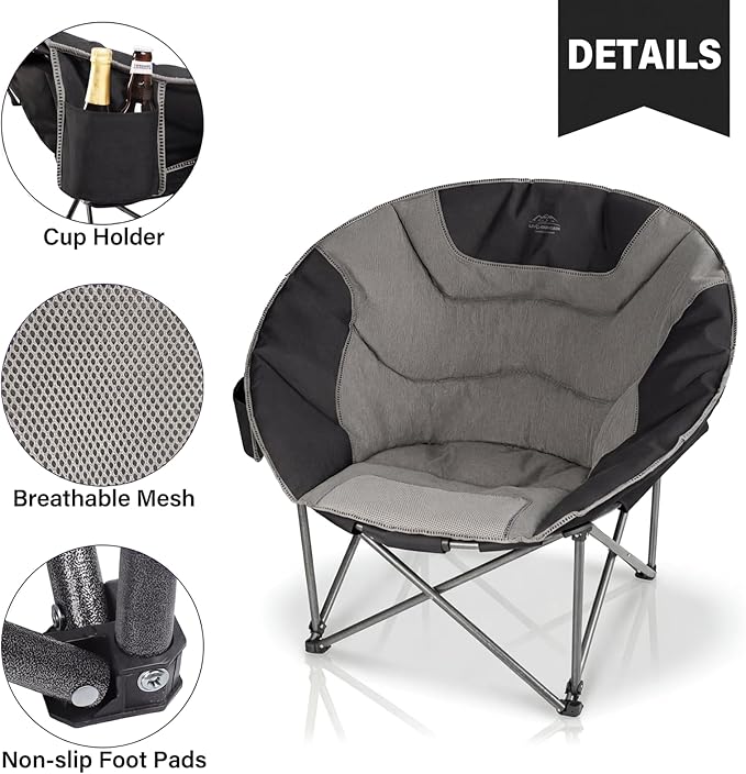 Oversized Portable Moon Camping ChairsRound Folding Lawn Chair w/Cup HolderOutdoor Heavy Duty Supports 500Lbs Comfy ChairPerfect for Family CampHikingPicnics and Beach TripsBlack
