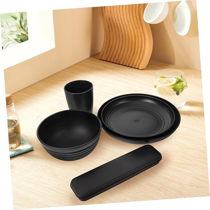 Alipis 28-Piece Black Dinnerware Set Portable Camping Cutlery with Bowls Plates Cups and Utensils Travel Tableware for Picnics and Outdoor Use