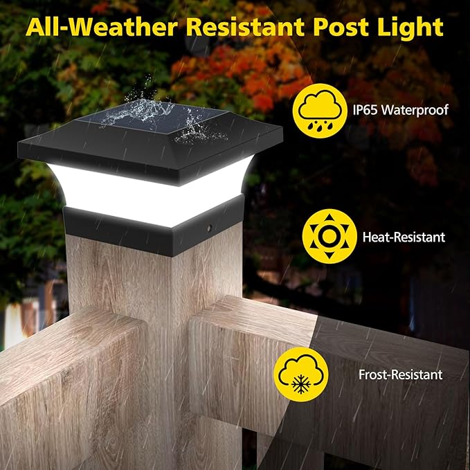 T-SUN Solar Post Lights Outdoor Waterproof Solar Post Cap Lights for 4X4 5X5 6X6 Wooden Posts6000K White LED Lighting Deck Patio Garden Decor or Fence(6 Pack)