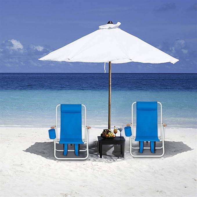 Folding Lounge ChairPortable High Beach ChairPatio Lightweight Camping Chair Outdoor Garden Park Pool Side with Cup Holder Adjustable HeadrestBlue
