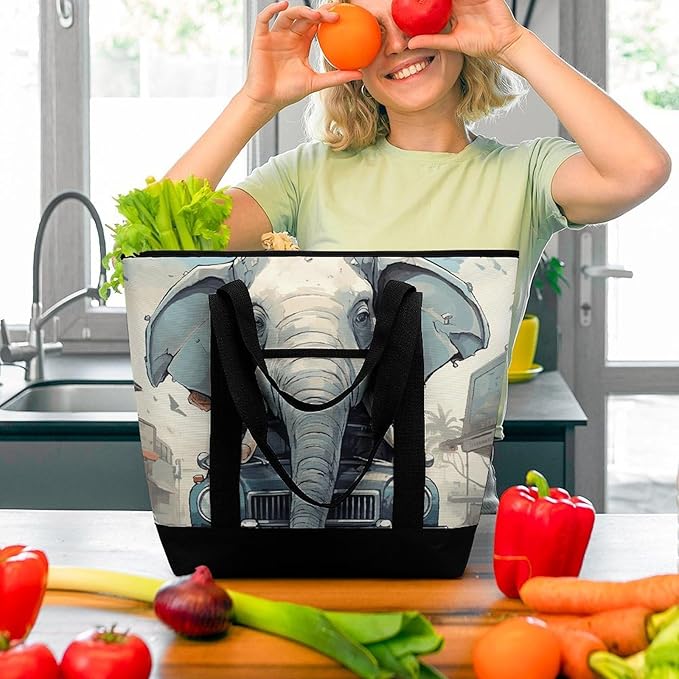 Insulated Shopping BagLarge Reusable Cooler Bags Car Elephant Printed Foldable Shopping BagTravel Waterproof Shoulder Bag