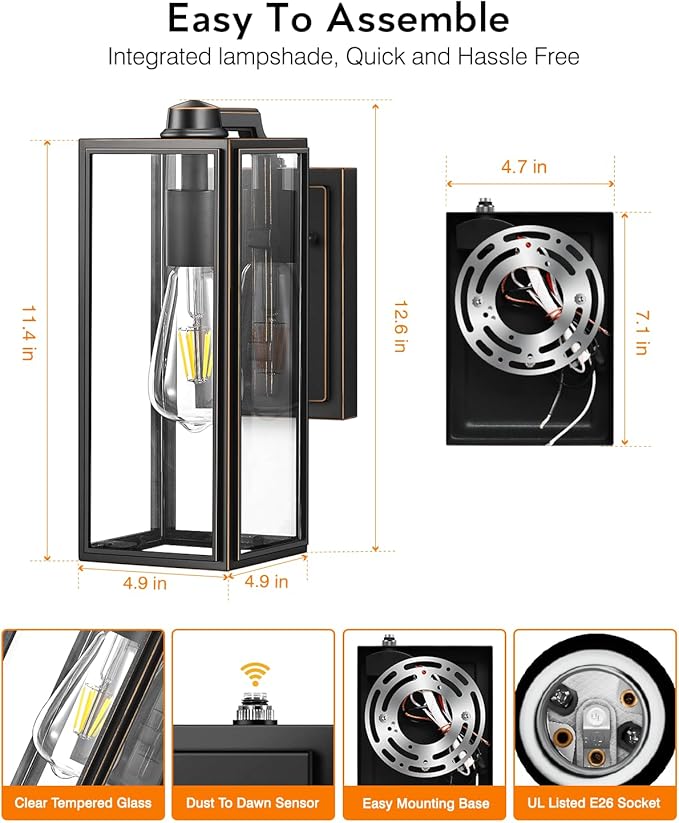 VIANIS Outdoor Wall Lights Dusk to Dawn Large Exterior Light Fixture Wall Mount for House Front Porch Light Black Anti-Rust Modern Outside Wall Sconces with Tempered Glass Shade for Garage
