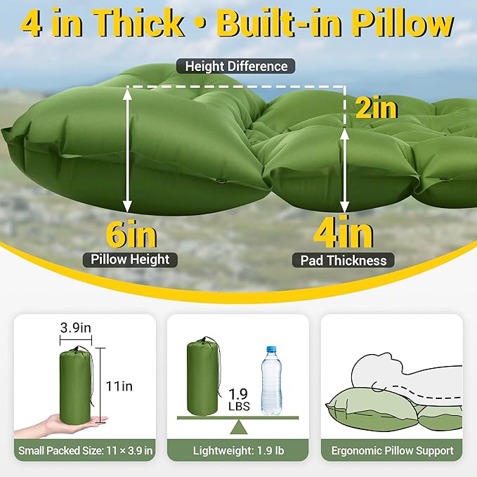 Camping Sleeping Pad Backpacking Sleeping Pad with Built-in Pillow and Foot Pump 4in Thick Compact Inflatable Camping Air Mattress for Hiking Tent Road Trip Car Camp Travel Gear