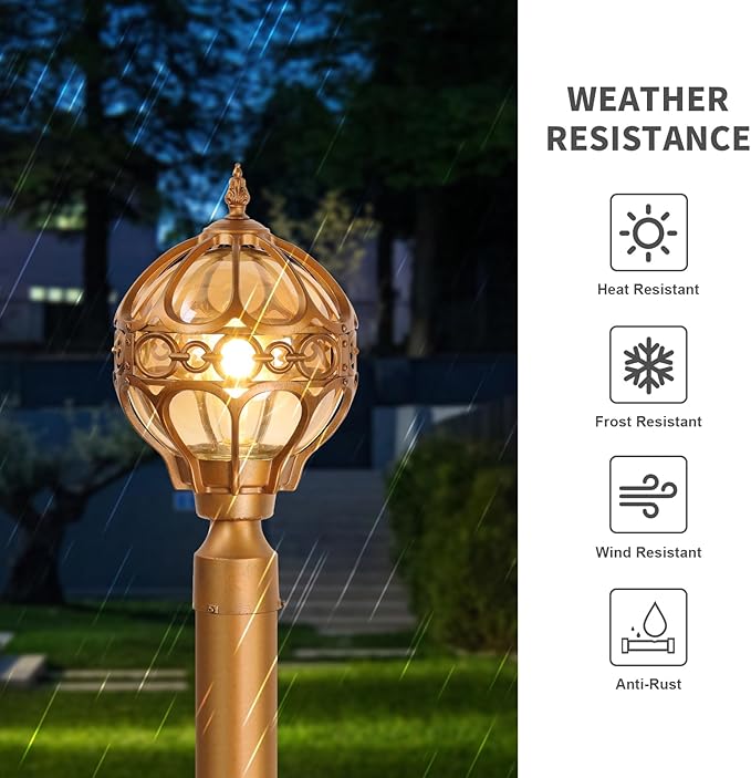 2 Pack Outdoor Globe Lamp Post Light Fixtures 15.8 Green Sphere Post Top Lantern for Patio Porch Driveway Hardwired Anti-Rust Aluminum Pillar Light with Amber Glass Fits Standard 3 Post
