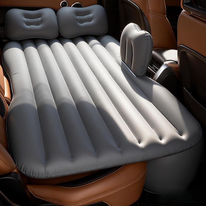 Thickened Inflatable Car Bed Air Mattress with Safety Side Wedge/Built-in Air Pump &amp 2 Pillows/Back Seat Camping Sleeping Pad for SUVs and Sedans/Portable Foldable Airbed for Travel/Gray