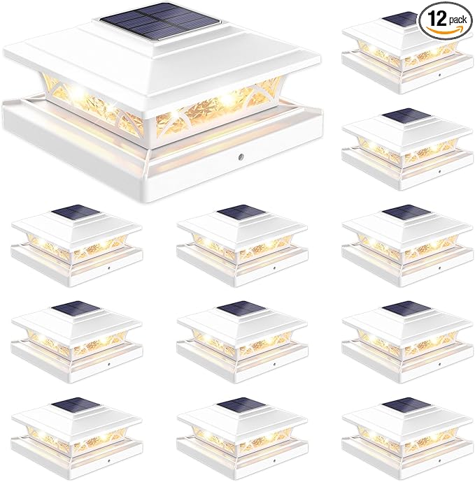 Solar Post Cap Lights Outdoor 12pack White Deck Fence Post Lights Solar Powered with 16LEDS 2 Lighting Modes 4x4/5x5/6x6 Waterproof Fence Post Lights for Garden Patio Porch Backyard