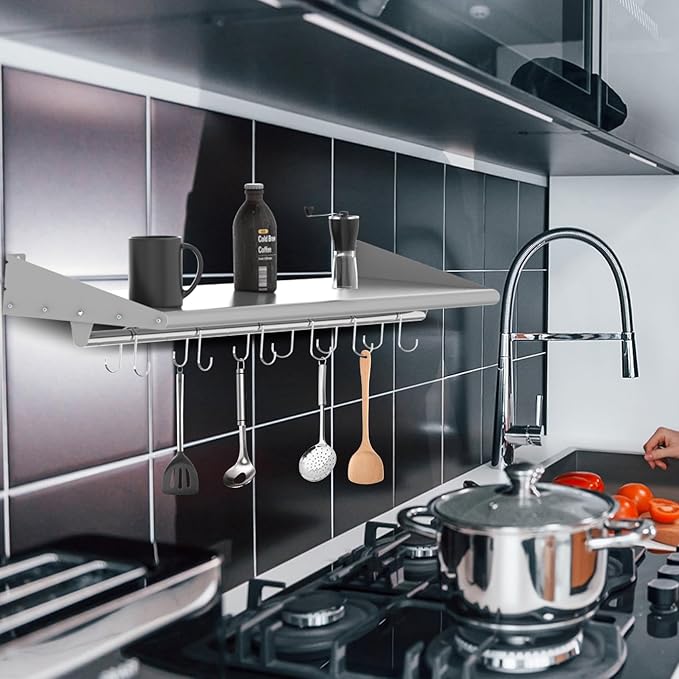 Skyflame 12 x 36 Wall Shelf with 6 Hanging Hooks for Storage Stainless Steel Commercial Shelving with Side Guards for Bar Utility Room Kitchen Garage