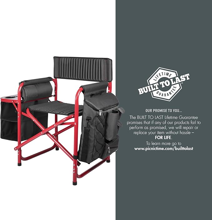PICNIC TIME Fusion Camping Chair with Side Table and Soft Cooler Outdoor Foldable Padded Camping Chairs with Cup Holder for Lawn Beach &amp Sports Use for Adults (Dark Gray Red Accents)