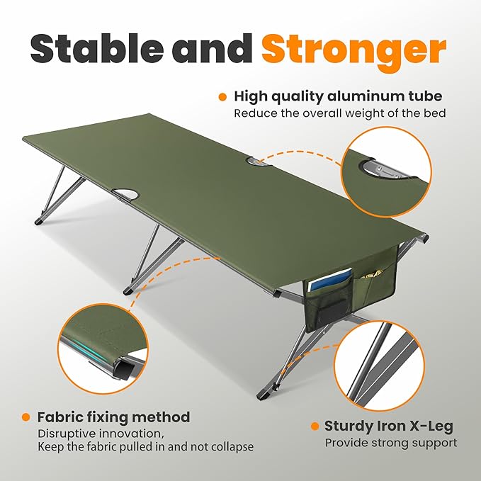 Oversized Camping Cot for Adults - Non-Assemble Folding Camping Bed Extra Wide for Outdoor Support up to 6.9ft or 450lbs with Storager Bag 82” L x 32” W(Green)