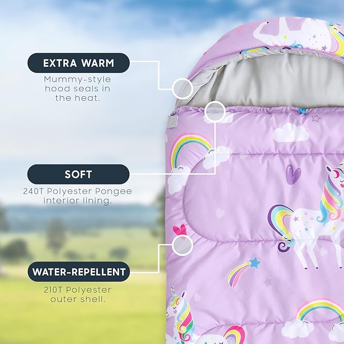 Wake In Cloud - Kids Sleeping Bag for Girls Toddlers Camping in Warm Cold Weather Backpacking Lightweight Compact Outdoor Liner for 3 Seasons Unicorns Rainbow Clouds