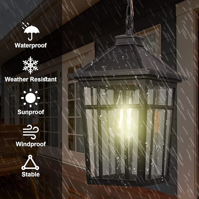 Darkaway Large Outdoor Pendant Light Fixture 16inch Outdoor Hanging Light Porch Lights Fixtures Anti-Rust Waterproof Aluminum with Seeded Glass for Porch Entryway Doorway Farmhouse (BlackLarge)