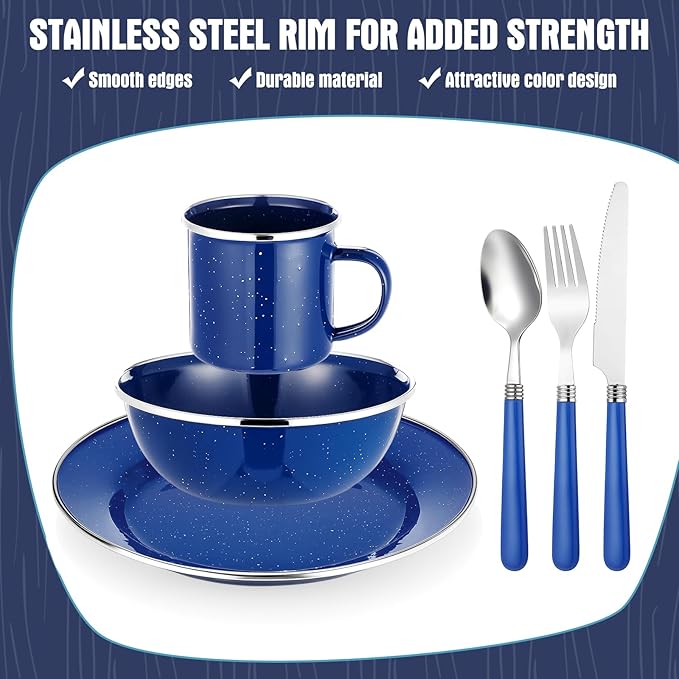 LemonRoad 9 Pcs Enamel Camping Cutlery Set Includes Bowls Mugs Plate Knife Fork Dishwashing Sponge Utensil Bags and Storage Straps Lightweight Tableware for Backpacking Camping Hiking Picnics