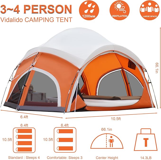 Vidalido 3-4 Person Camping Tent with 2 Large Mesh Door 4 Mesh Window Family Tents Double Layer Waterproof Portable Easy Setup Camp Tent Canvas Dome Tents for Camping Outdoor Hiking and Backpacking