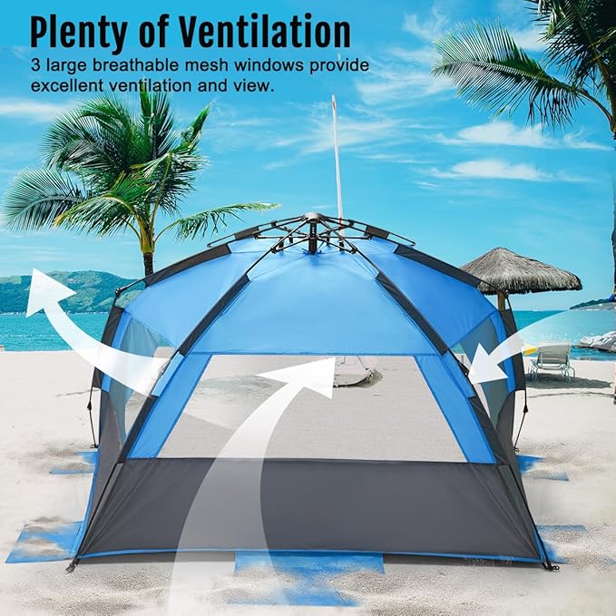 WhiteFang Deluxe Pop Up Beach Tent Sun Shade Shelter for 3-4/5-6 Person UV Protection Extendable Floor with 3 Ventilating Windows Plus Carrying Bag Stakes and Guy Lines