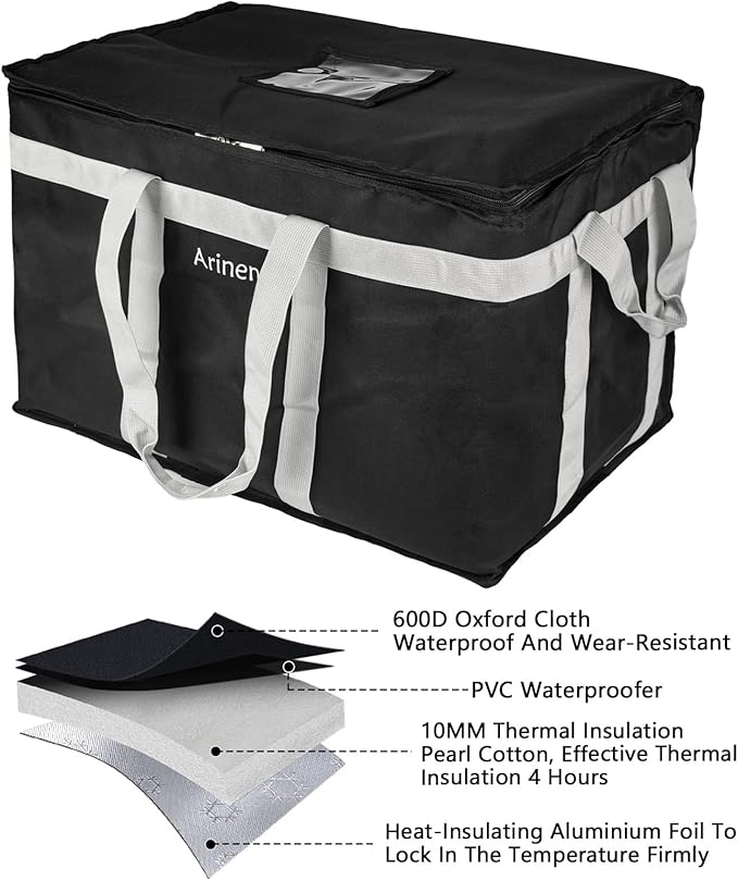 Food Delivery Insulated Bag Insulated Cold Meal Bag Built-in Base Plate For Hot and Cold Food Takeout Commercial Catering Transportation - 23 * 14 * 15 inches (Partitioned Black)
