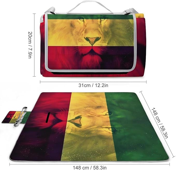 Jamaican Flag Rasta Lion Waterproof Outdoor Picnic Blanket Sandproof Beach Mat for Camping Hiking Grass Travelling
