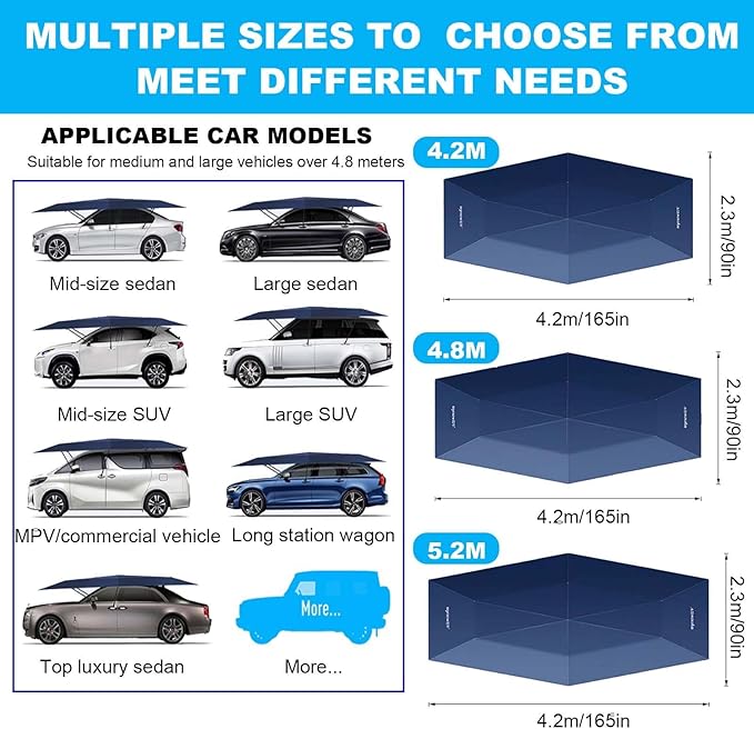 Mobile Retractable Car Awning | Automatic Car Awning Anti-Hail/Anti-Falling Objects Manual and Automatic Removable BatteryRemote ControlBlue5.2m