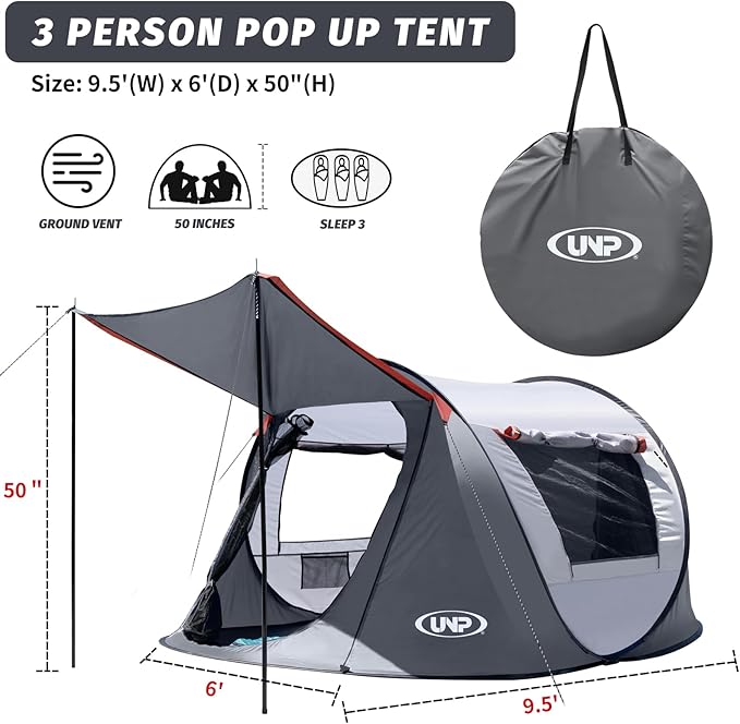 Pop-up Tent 3 Person Camping Tent Instant Portable Beach Tent Easy Pop Up Shade Tents 2 Doors for Camping Hiking &amp Traveling with Carrying Bag