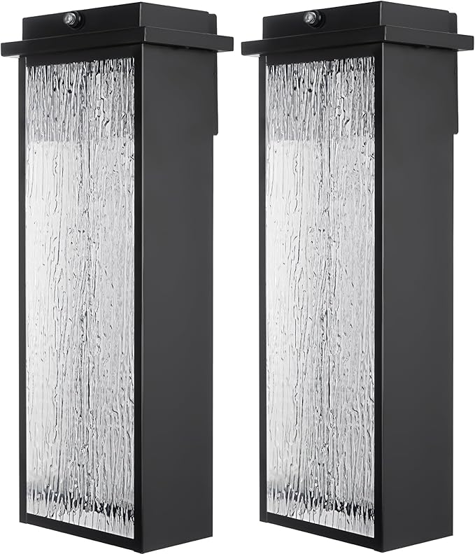20 Extra Large Dusk to Dawn LED Outdoor Light 2 Packs Black Modern Exterior Lighting Fixtures Outside Porch Lights Wall Mount Mid-Century Wall Lantern with Rippled Glass Patio Sconce Lamp