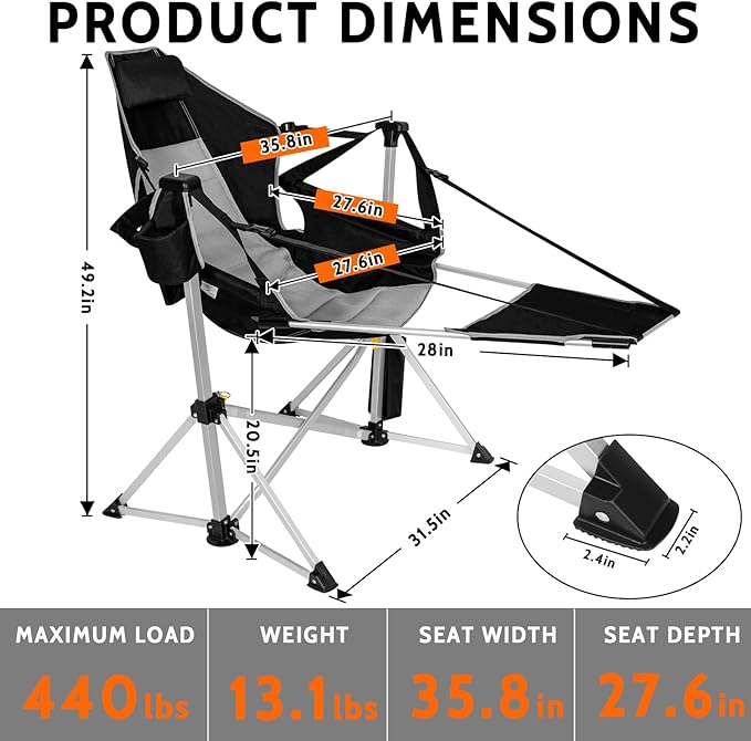 Romswi 2-Pack Aluminum Hammock Chair with Footrest Oversized Portable Folding Swinging Chair with Adjustable Back &amp Seat Lightweight Rocking Camp Chair Supports 440lbs for Outdoor Patio - Black