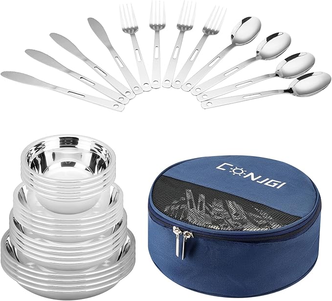 Camping Mess Kits - 28pcs Camping Dinnerware Set Camping Gifts Camping cookware Sets Camping Accessories Camping Cooking Utensils Set Bowls Plates Knives Forks Spoons