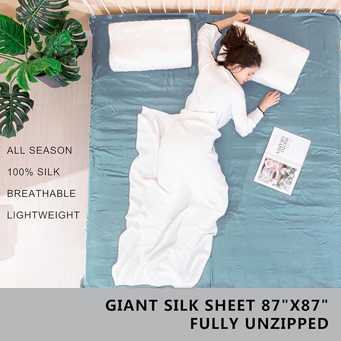100% Silk Sleep Sack with Zippers on 3 Sides 87”x43” Large Sleeping Liners for Hotels Travel &amp Camping Multifunctional Travel Sheets (Unzipped:87”x87”) for Adults Lightweight All Seasons