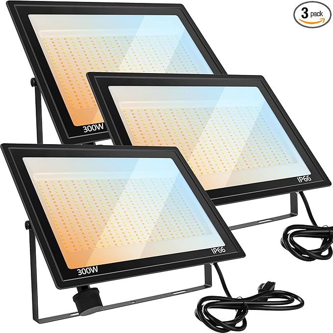 3 Pack 300W LED Flood Lights Outdoor 3CCT 3000K/4500K/6000K Color Selectable Floodlight Outside Light IP66 Waterproof Security Lamps for Yard Court Stadium