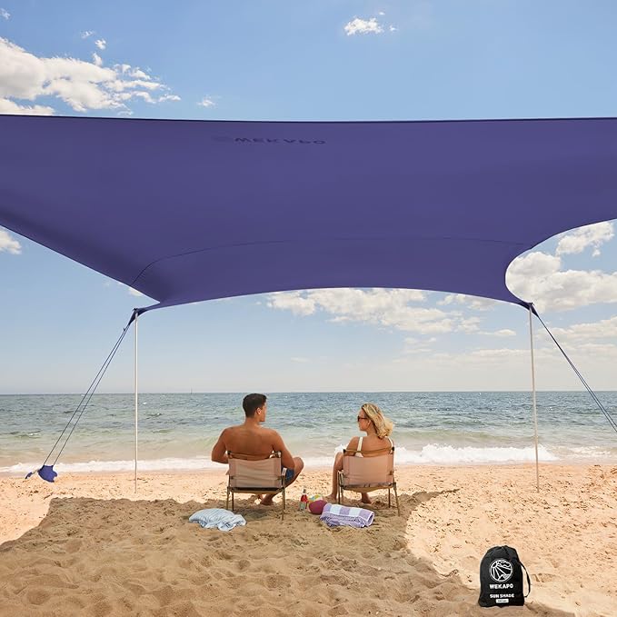 WEKAPO Beach Tent Sun Shelter - Easy Setup Beach Canopy with 4 Sturdy Poles Extra Large Sandbags and Shovel 7'8'' Tall Windproof Sun Shade for Backyard and Camping UPF 50+ Protection