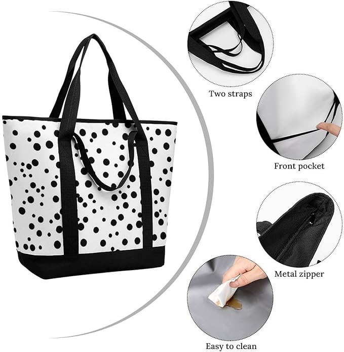 Insulated Shopping BagLarge Reusable Cooler Bags Black And White Polka Dot Printed Foldable Shopping BagTravel Waterproof Shoulder Bag