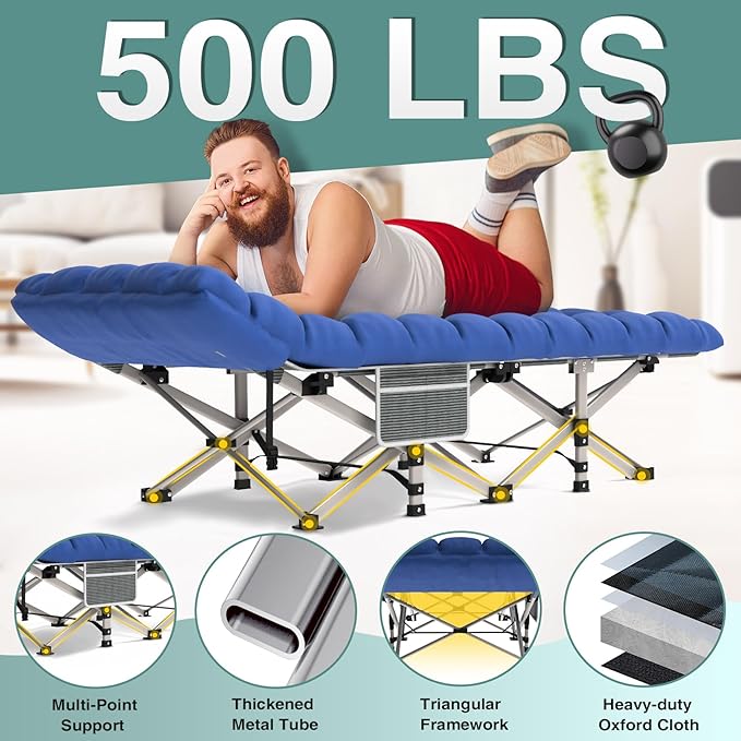 Seeutek Folding Camping Cot for Adults with Carry Bag Portable Bed with Detachable Cushion Waterproof 1200D Oxford Fabric Cot Bed for Camping Hunting Lounging Camping Cots Gray Cot &amp Blue P
