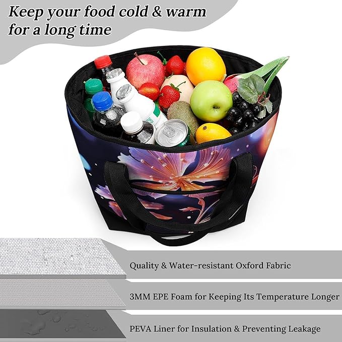 Insulated Shopping BagLarge Reusable Cooler Bags Cool Decorative FLowers Printed Foldable Shopping BagTravel Waterproof Shoulder Bag