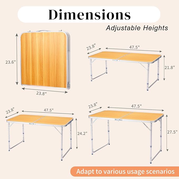 Portable Camping Table with Carrying HandleOutdoor Folding TableFolding Dining Tablefor Camping and Party (Wood Grain 4ft)