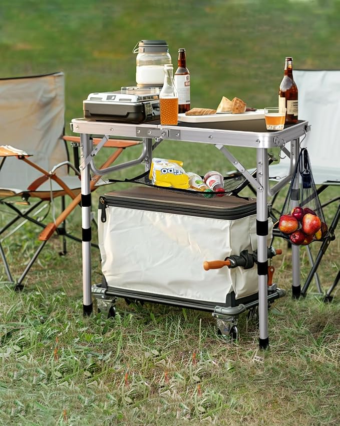 Sportneer Camping Table: Adjustable Height Small Folding Table 23.6 L x 15.7 W 4 Height with Mesh Layer - Compact &amp Portable Camping Essentials for Outdoor Camp Garden Picnic BBQ Dining Cooking