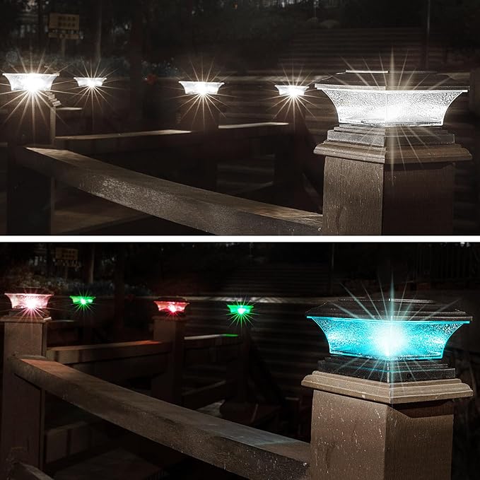 HUYIENO Solar Post Cap Lights - Outdoor LED Deck Fence Cap Light 9 Light Modes Bright White/7 Color Fixed &amp Cycling Modes Suitable for 4x4 &amp 5x5 Wooden Posts Black 4pk