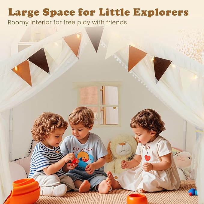 INFANS Kids Play Tent Large Size Playhouse with Washable Cotton Mat Star Light Windows Plaid Pennants 57.5” x 38” x 52.5” Indoor Outdoor Princess Tents Castle for Toddlers Age 3+ Years Old