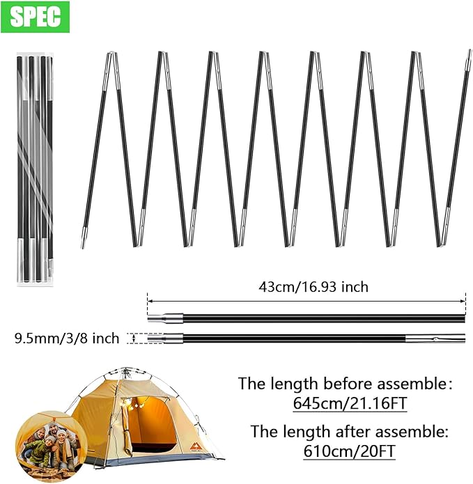 2PCS 20Feet Length Tent Poles Glass Fiber Black Straight 9.5mm Diameter 15 Sections Suitable for 4-5 Person Tents Replacement Poles Awning Brackets Tarps Shelters Awnings