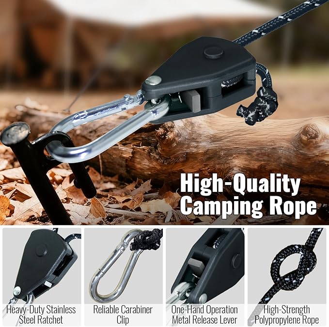 Camping Rope Reflective Tent Rope Guyline with Ratchet Pulley Tarp Tie Down Ropes for Tent Tarp Canopy Shelter Camping 13ft Adjustable Guy Line for Canopy Tent 8 Pack Guy Lines Tents Cords